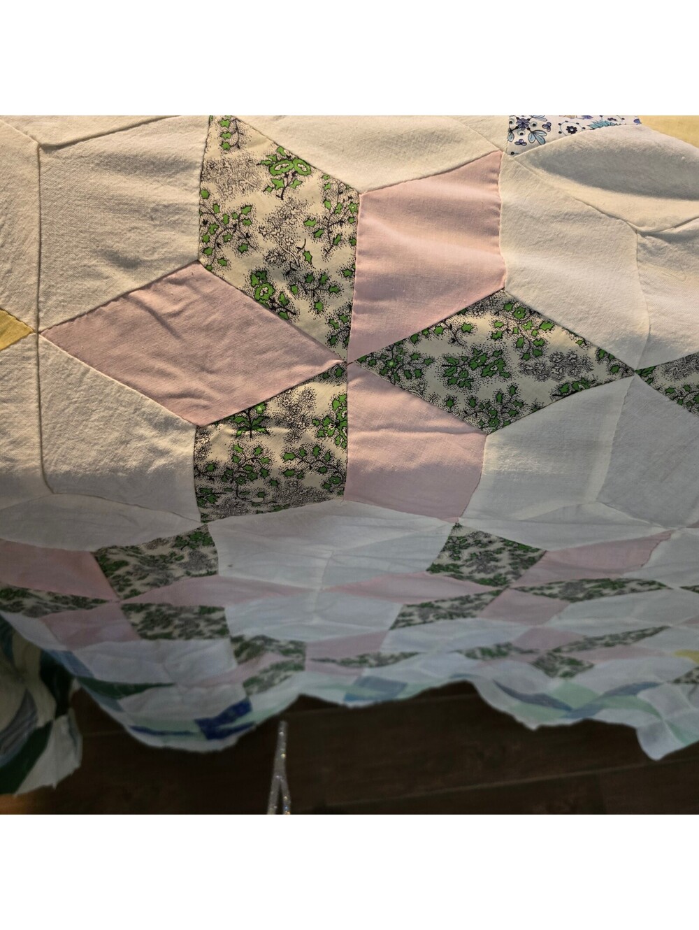Vintage Tumbling Block pinwheel Quilt Top Handstitched 62x85 approx - Picture 3 of 6